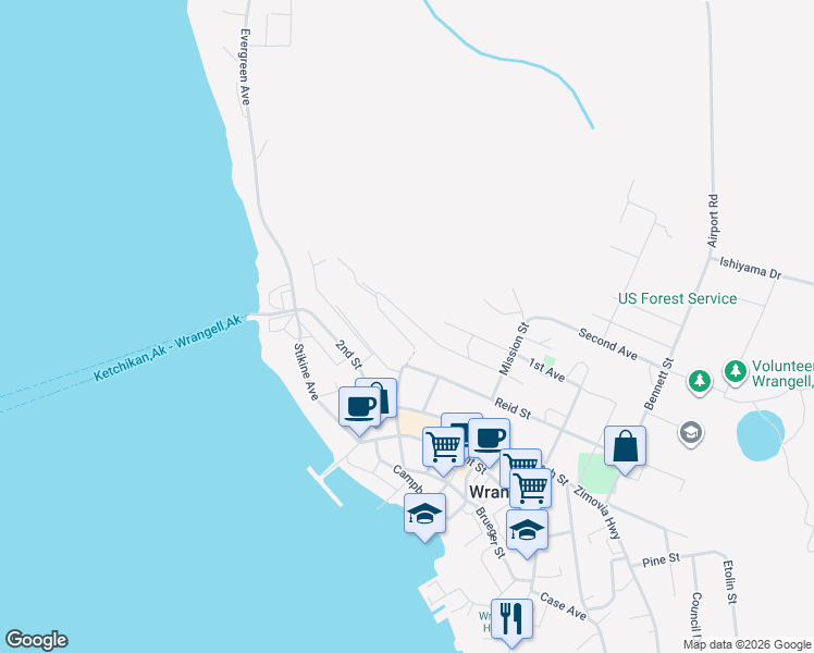 map of restaurants, bars, coffee shops, grocery stores, and more near 117 3rd Street in Wrangell