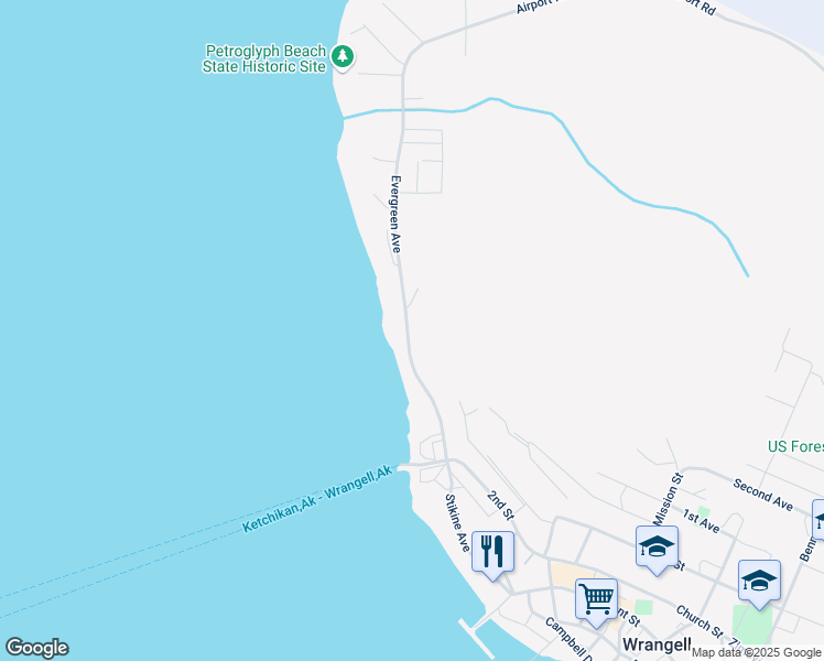 map of restaurants, bars, coffee shops, grocery stores, and more near 372 Evergreen Ave in Wrangell