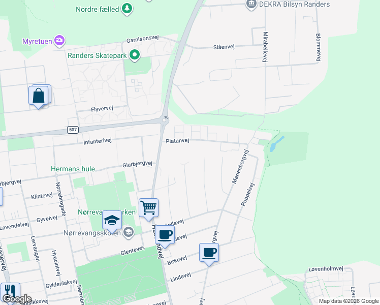 map of restaurants, bars, coffee shops, grocery stores, and more near in Randers