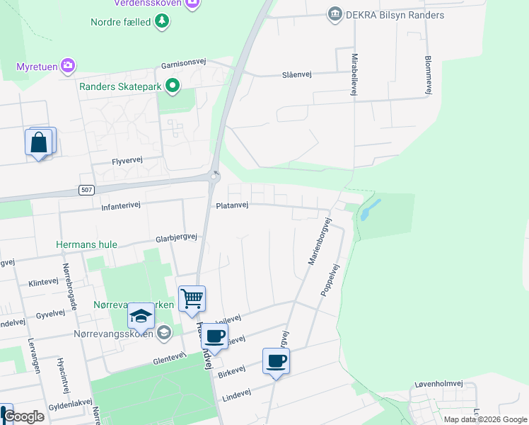 map of restaurants, bars, coffee shops, grocery stores, and more near in Randers