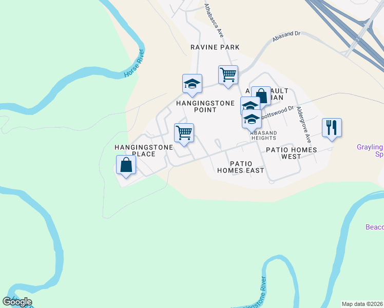 map of restaurants, bars, coffee shops, grocery stores, and more near Alderwood Drive in Fort McMurray