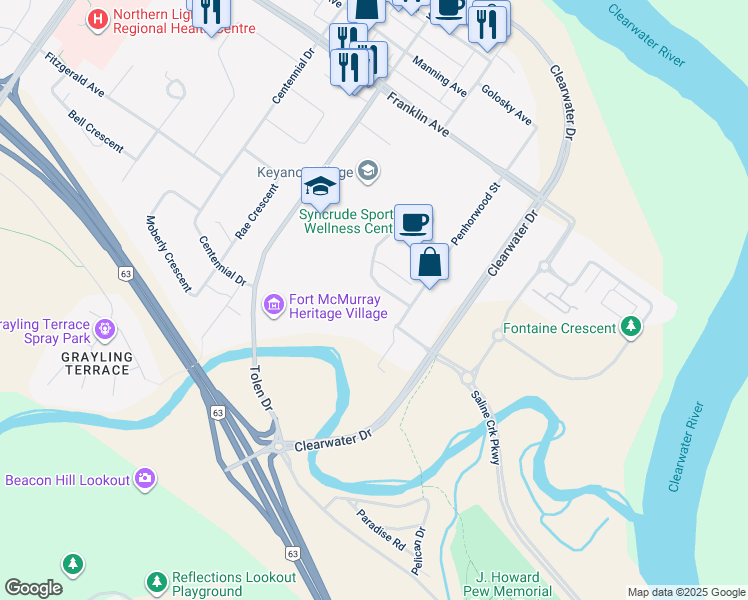 map of restaurants, bars, coffee shops, grocery stores, and more near 9914 Penhorwood Street in Fort McMurray