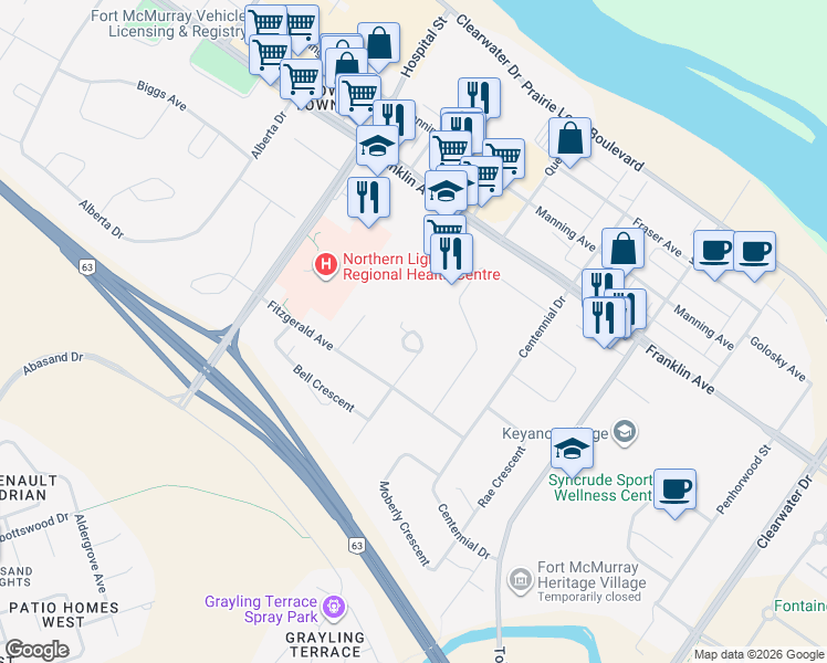 map of restaurants, bars, coffee shops, grocery stores, and more near 10 May Crescent in Fort McMurray