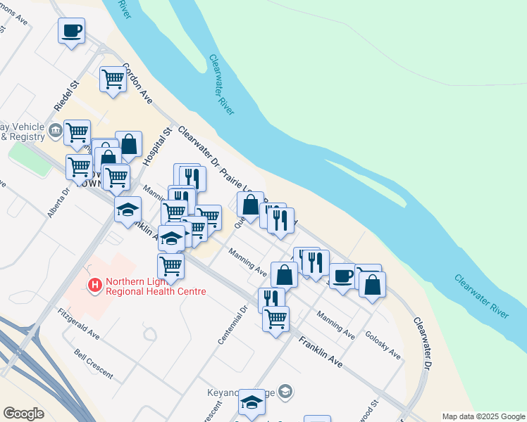 map of restaurants, bars, coffee shops, grocery stores, and more near 10217 Queen Street in Fort McMurray