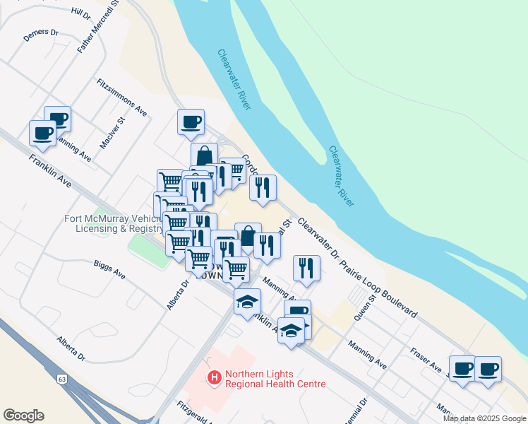 map of restaurants, bars, coffee shops, grocery stores, and more near 2 Hospital Street in Fort McMurray
