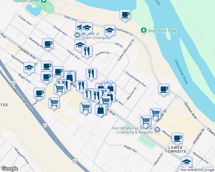 map of restaurants, bars, coffee shops, grocery stores, and more near 81 Fraser Avenue in Fort McMurray