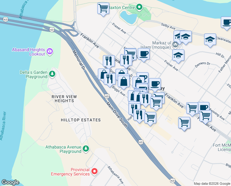 map of restaurants, bars, coffee shops, grocery stores, and more near 9707 Main Street in Fort McMurray