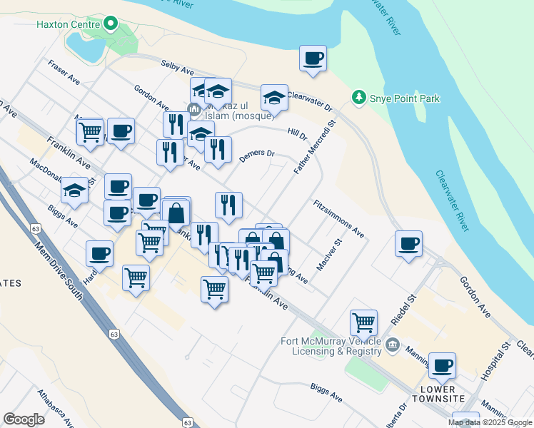 map of restaurants, bars, coffee shops, grocery stores, and more near Father Mercredi Street in Fort McMurray