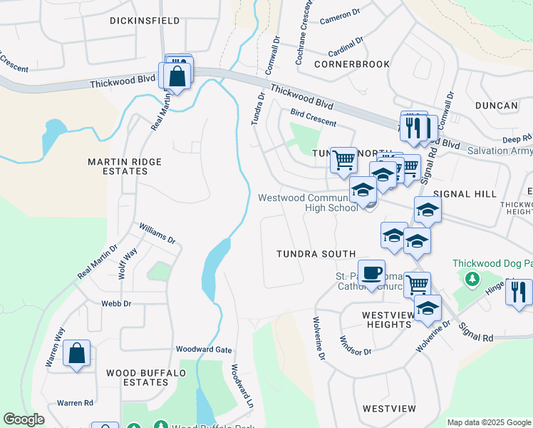 map of restaurants, bars, coffee shops, grocery stores, and more near 216 Westwood Crescent in Fort McMurray