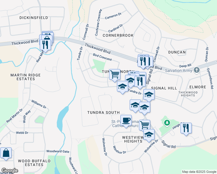 map of restaurants, bars, coffee shops, grocery stores, and more near Tundra Drive in Fort McMurray
