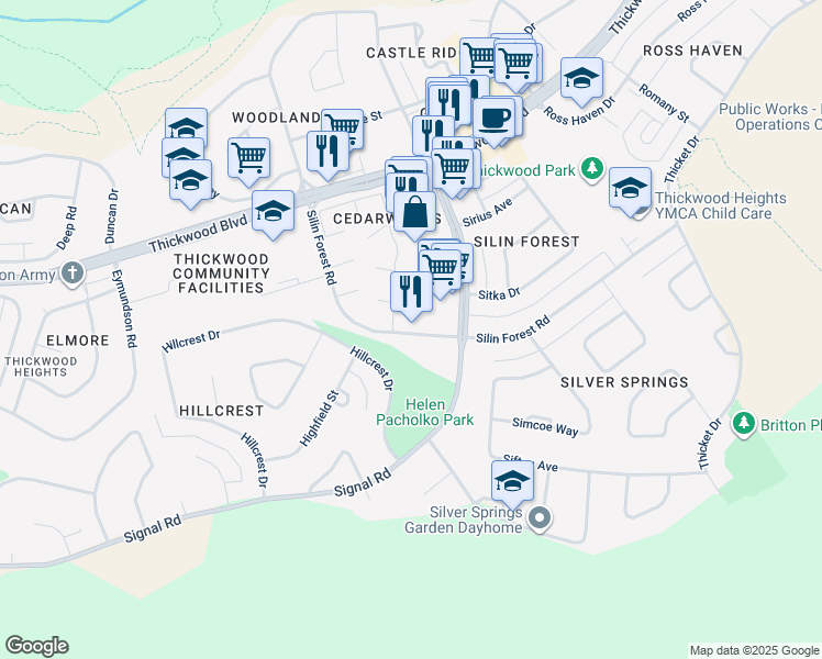 map of restaurants, bars, coffee shops, grocery stores, and more near Silin Forest Road in Fort McMurray