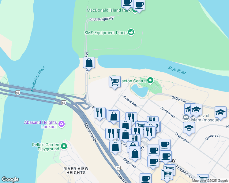 map of restaurants, bars, coffee shops, grocery stores, and more near 11721 Macdonald Drive in Fort McMurray