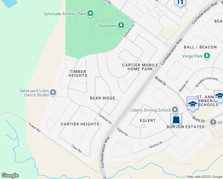 map of restaurants, bars, coffee shops, grocery stores, and more near 167 Bear Paw Drive in Fort McMurray