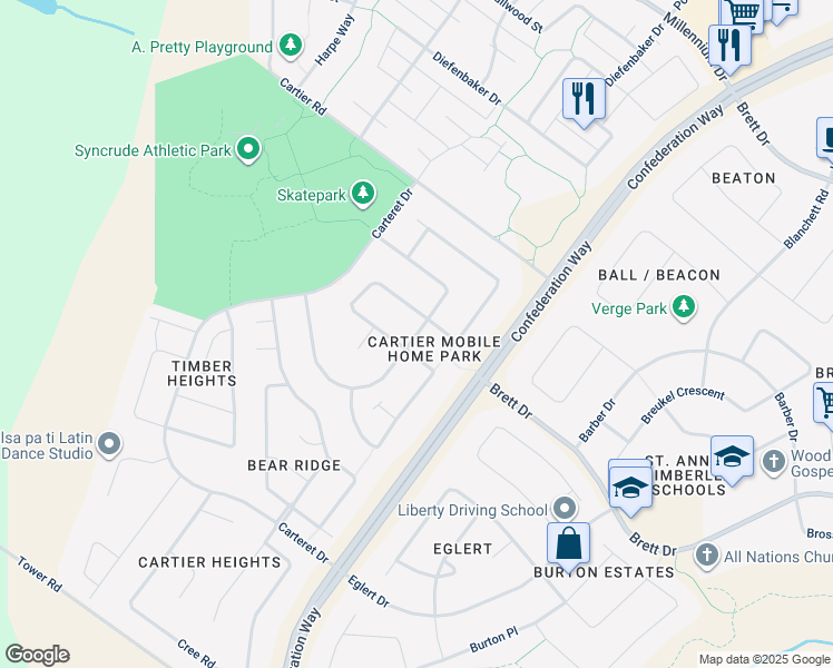 map of restaurants, bars, coffee shops, grocery stores, and more near Caouette Crescent in Fort McMurray