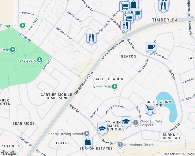 map of restaurants, bars, coffee shops, grocery stores, and more near 201 Ball Place in Fort McMurray