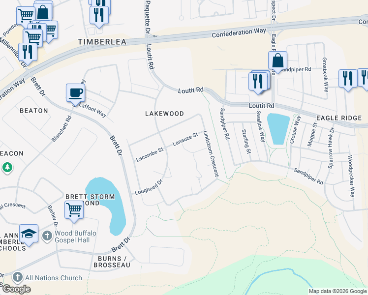 map of restaurants, bars, coffee shops, grocery stores, and more near 132 Lawrence Street in Fort McMurray