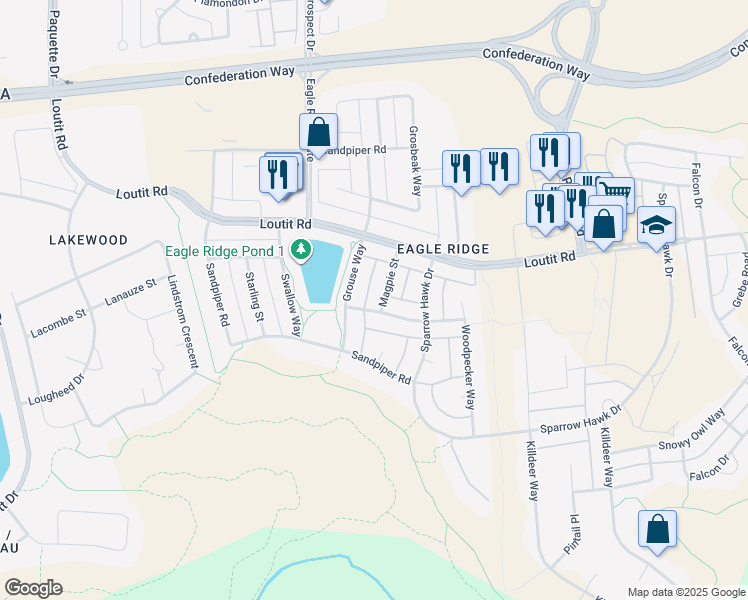 map of restaurants, bars, coffee shops, grocery stores, and more near 134 Magpie Street in Fort McMurray