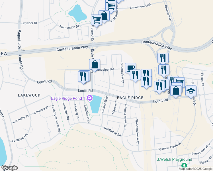 map of restaurants, bars, coffee shops, grocery stores, and more near 164 Grosbeak Way in Fort McMurray