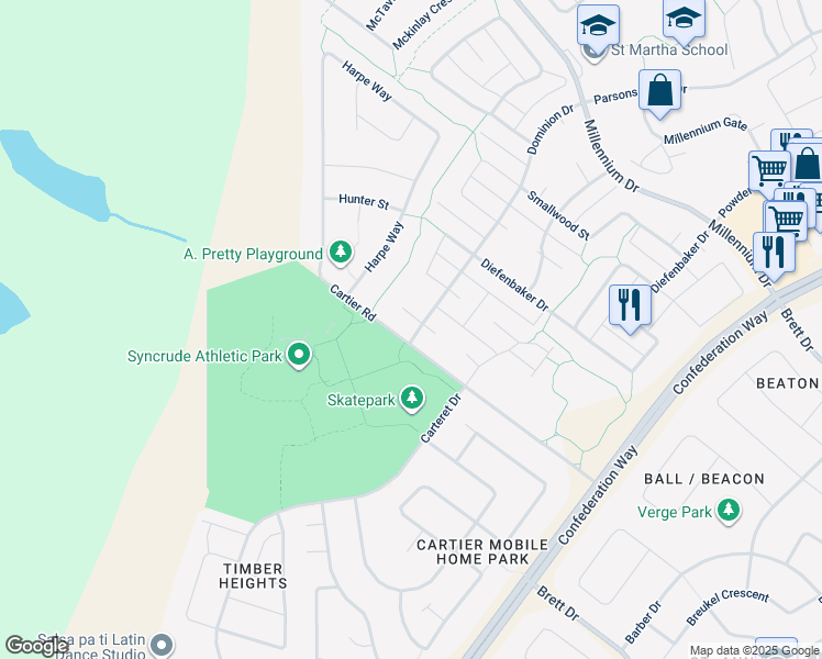 map of restaurants, bars, coffee shops, grocery stores, and more near 102 Chandler Bay in Fort McMurray
