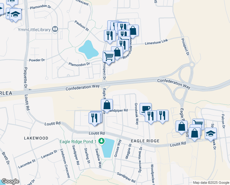 map of restaurants, bars, coffee shops, grocery stores, and more near 386 Grosbeak Way in Fort McMurray