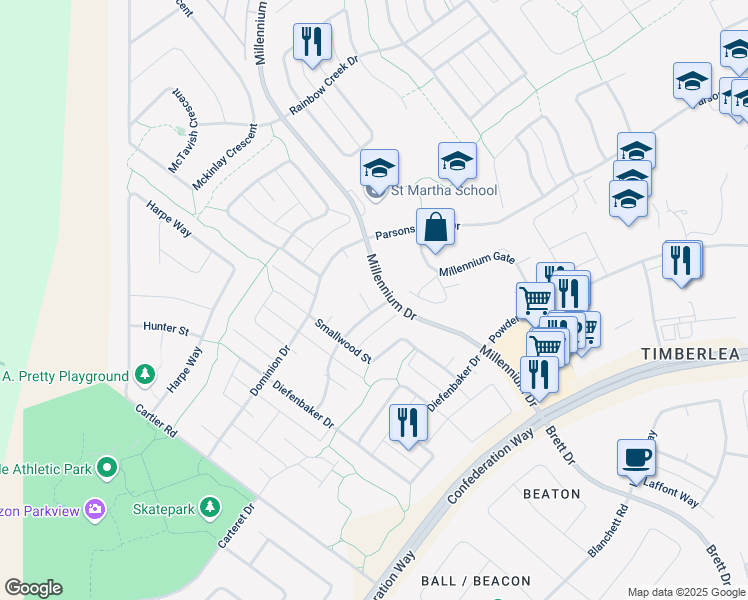 map of restaurants, bars, coffee shops, grocery stores, and more near 100 Laurier Place in Fort McMurray