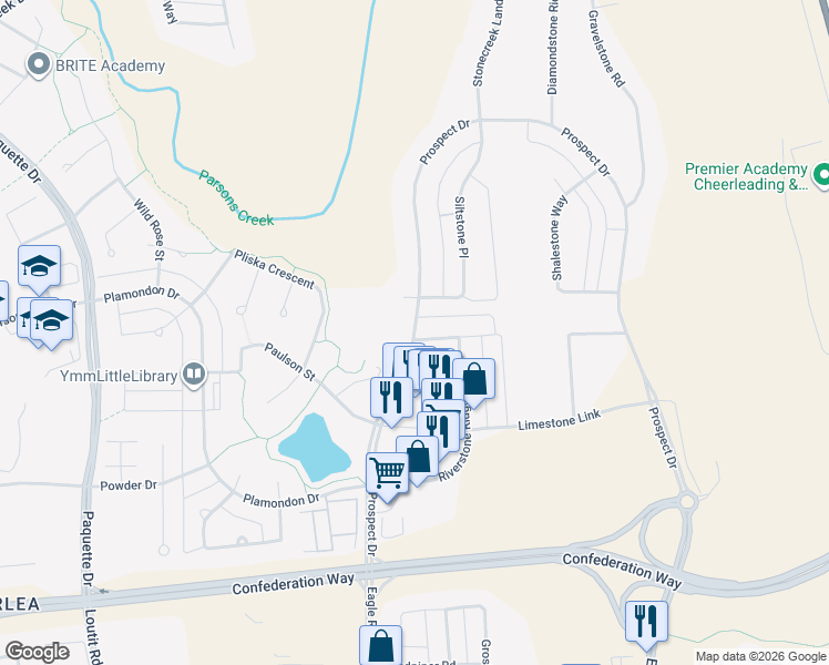 map of restaurants, bars, coffee shops, grocery stores, and more near Prospect Drive in Fort McMurray