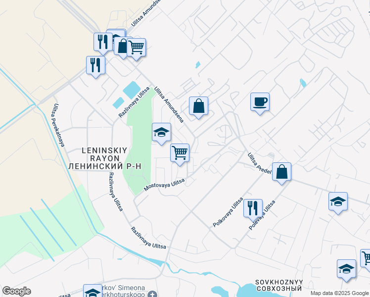 map of restaurants, bars, coffee shops, grocery stores, and more near 139 Mostovaya Ulitsa in Sovkhoznyy