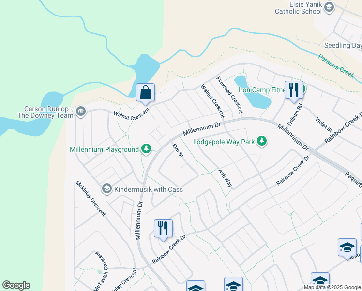 map of restaurants, bars, coffee shops, grocery stores, and more near 109 Elm Street in Fort McMurray