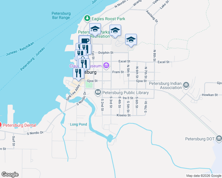 map of restaurants, bars, coffee shops, grocery stores, and more near 299 Haugen Drive in Petersburg