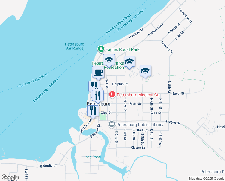 map of restaurants, bars, coffee shops, grocery stores, and more near 107 Excel Street in Petersburg