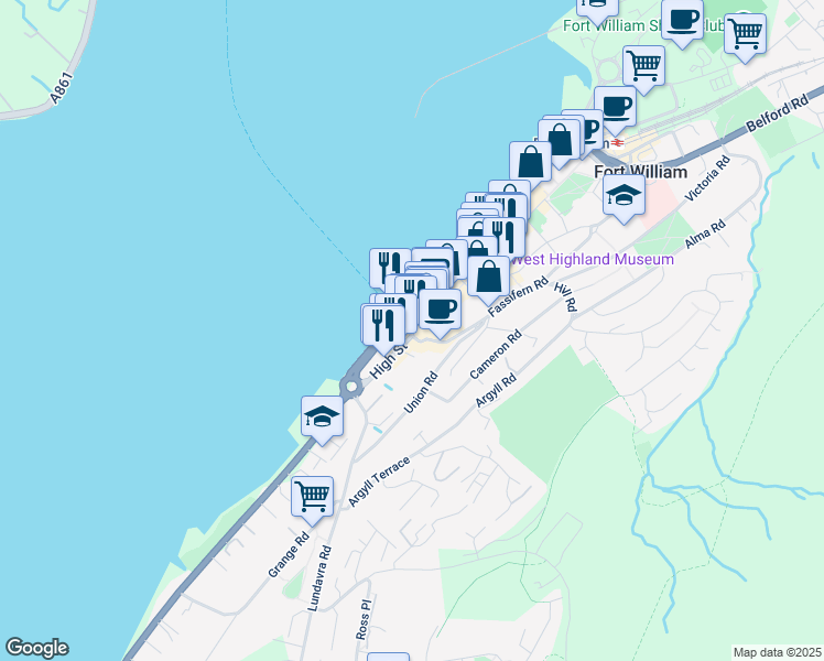 map of restaurants, bars, coffee shops, grocery stores, and more near High Street in Fort William