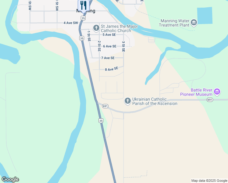 map of restaurants, bars, coffee shops, grocery stores, and more near 915 2B Street Southeast in Manning