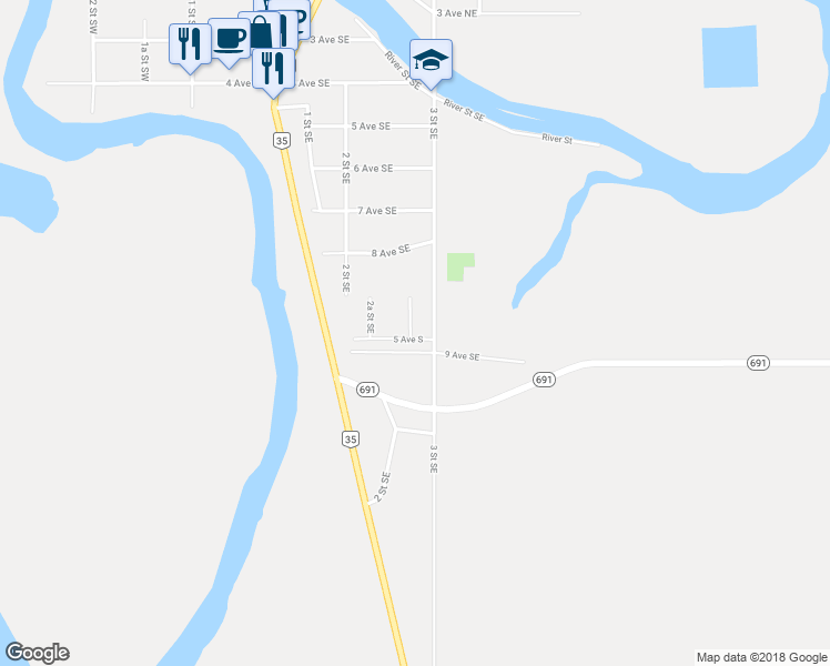 map of restaurants, bars, coffee shops, grocery stores, and more near 915 2B Street Southeast in Manning