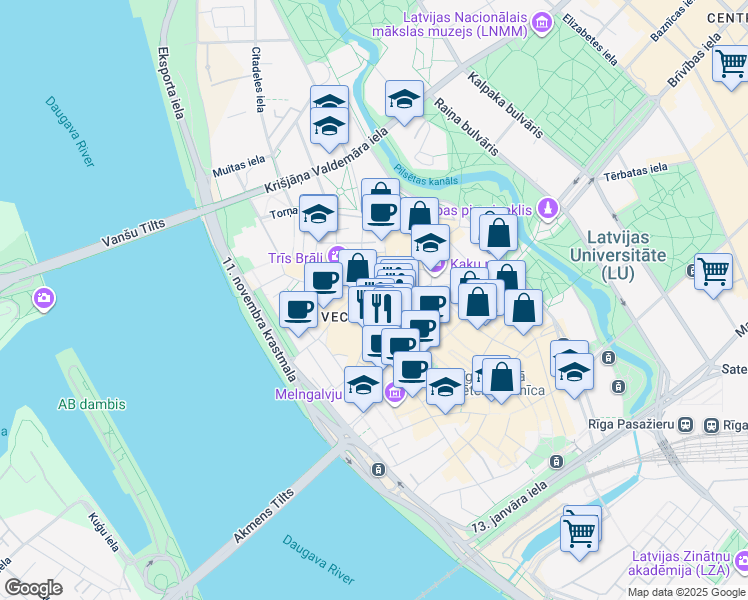 map of restaurants, bars, coffee shops, grocery stores, and more near Doma laukums in Rīga