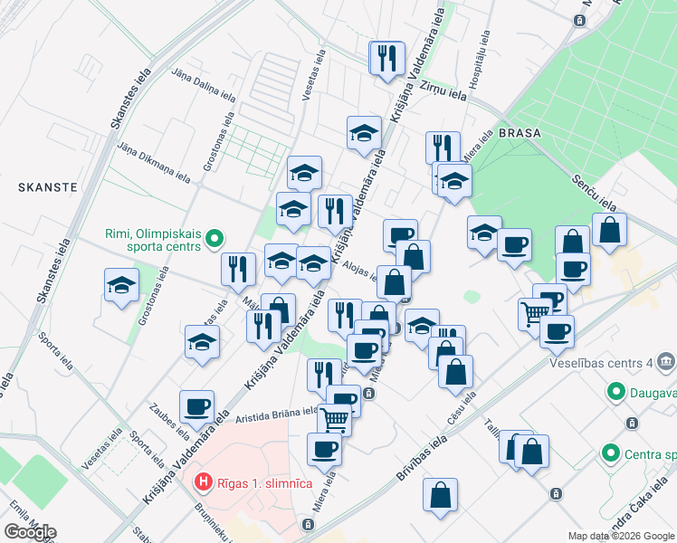 map of restaurants, bars, coffee shops, grocery stores, and more near in Rīga