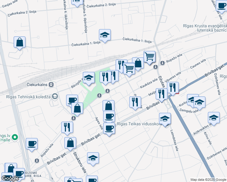 map of restaurants, bars, coffee shops, grocery stores, and more near 39 Ropažu iela in Rīga