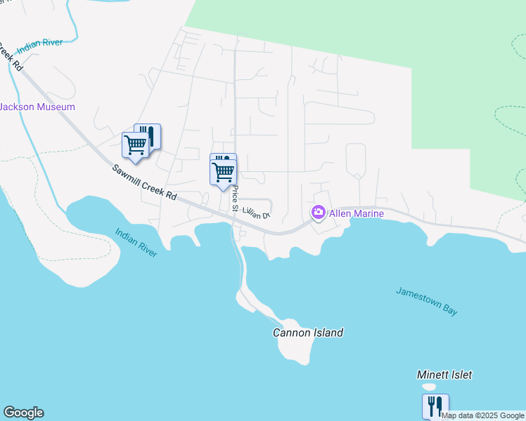 map of restaurants, bars, coffee shops, grocery stores, and more near 132 Lillian Drive in Sitka