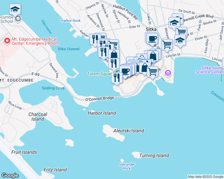 map of restaurants, bars, coffee shops, grocery stores, and more near 100 Lincoln Street in Sitka