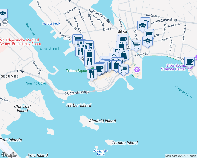 map of restaurants, bars, coffee shops, grocery stores, and more near 100 Lincoln Street in Sitka