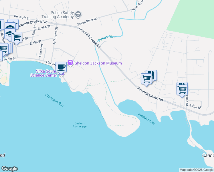 map of restaurants, bars, coffee shops, grocery stores, and more near 1352-1398 Sawmill Creek Road in Sitka