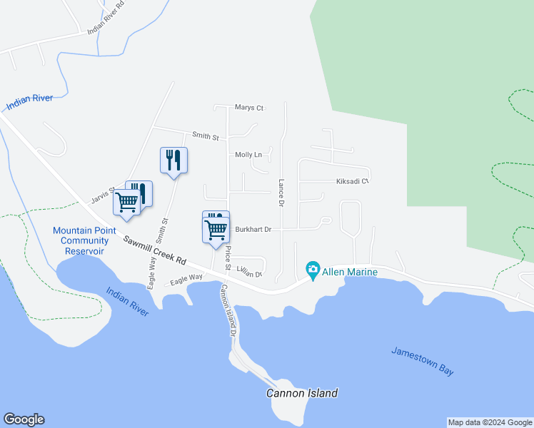 map of restaurants, bars, coffee shops, grocery stores, and more near 103 Burkhart Drive in Sitka