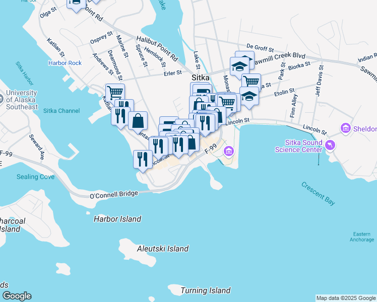 map of restaurants, bars, coffee shops, grocery stores, and more near 236 Lincoln Street in Sitka