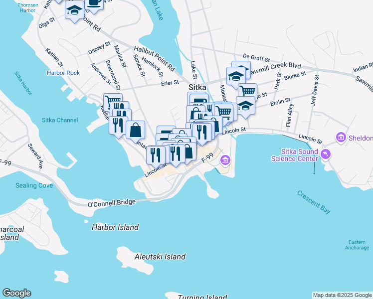 map of restaurants, bars, coffee shops, grocery stores, and more near 200 Observatory Street in Sitka