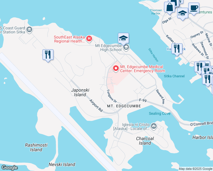 map of restaurants, bars, coffee shops, grocery stores, and more near Tongass Drive in Sitka