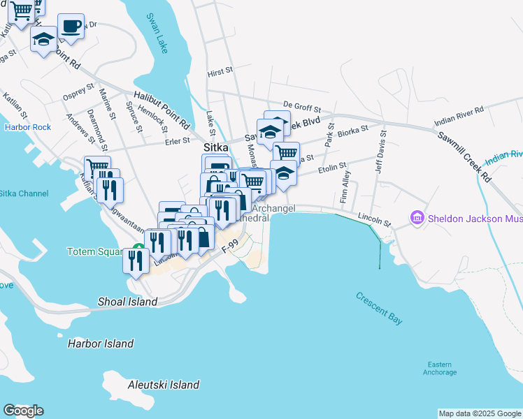 map of restaurants, bars, coffee shops, grocery stores, and more near Siginaka Way in Sitka