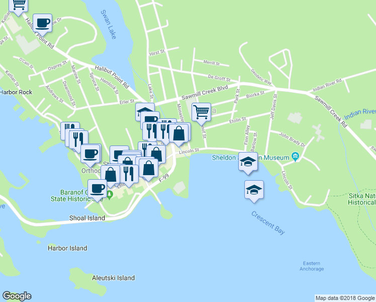 map of restaurants, bars, coffee shops, grocery stores, and more near Lincoln St & Monastery St in Sitka