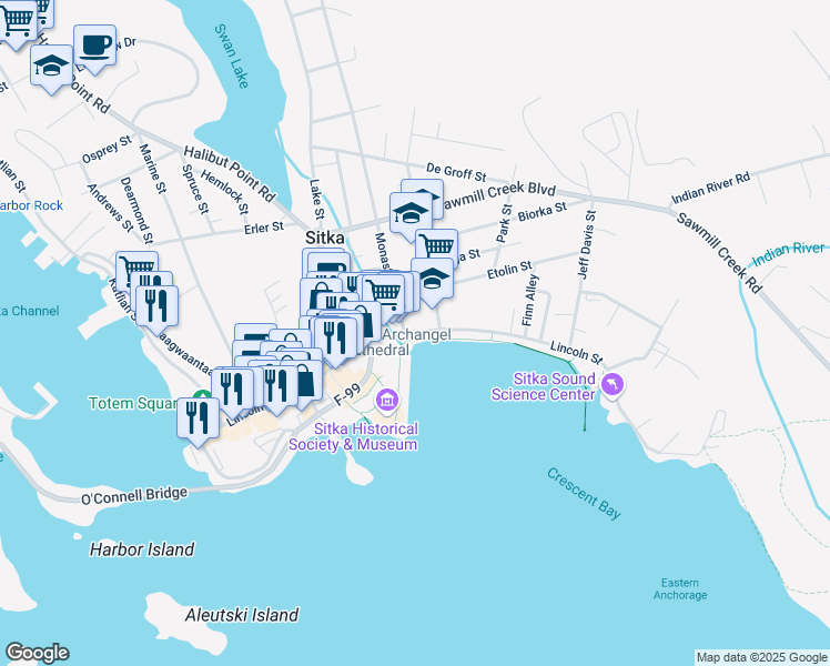 map of restaurants, bars, coffee shops, grocery stores, and more near Tongass Drive in Sitka