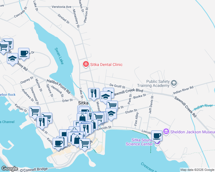 map of restaurants, bars, coffee shops, grocery stores, and more near 401-421 Baranof Street in Sitka