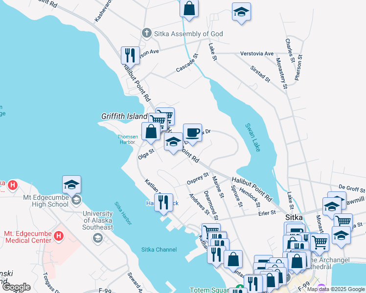 map of restaurants, bars, coffee shops, grocery stores, and more near 2108 Halibut Point Highway in Sitka