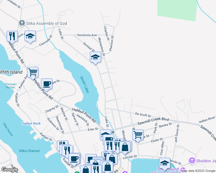 map of restaurants, bars, coffee shops, grocery stores, and more near 600 Lake Street in Sitka
